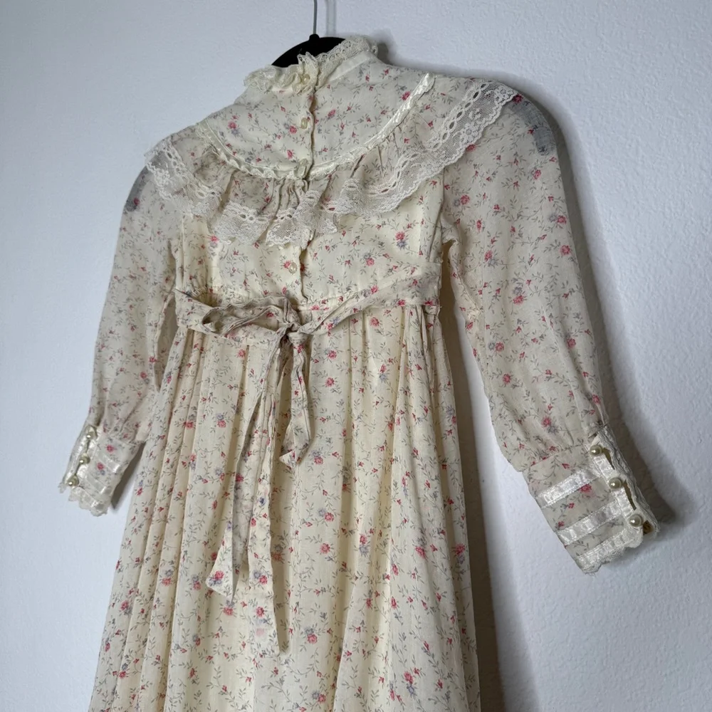 Gunne Sax Vintage Cream Floral Long Sleeve Lace Trim Prairie Dress Girls 5T